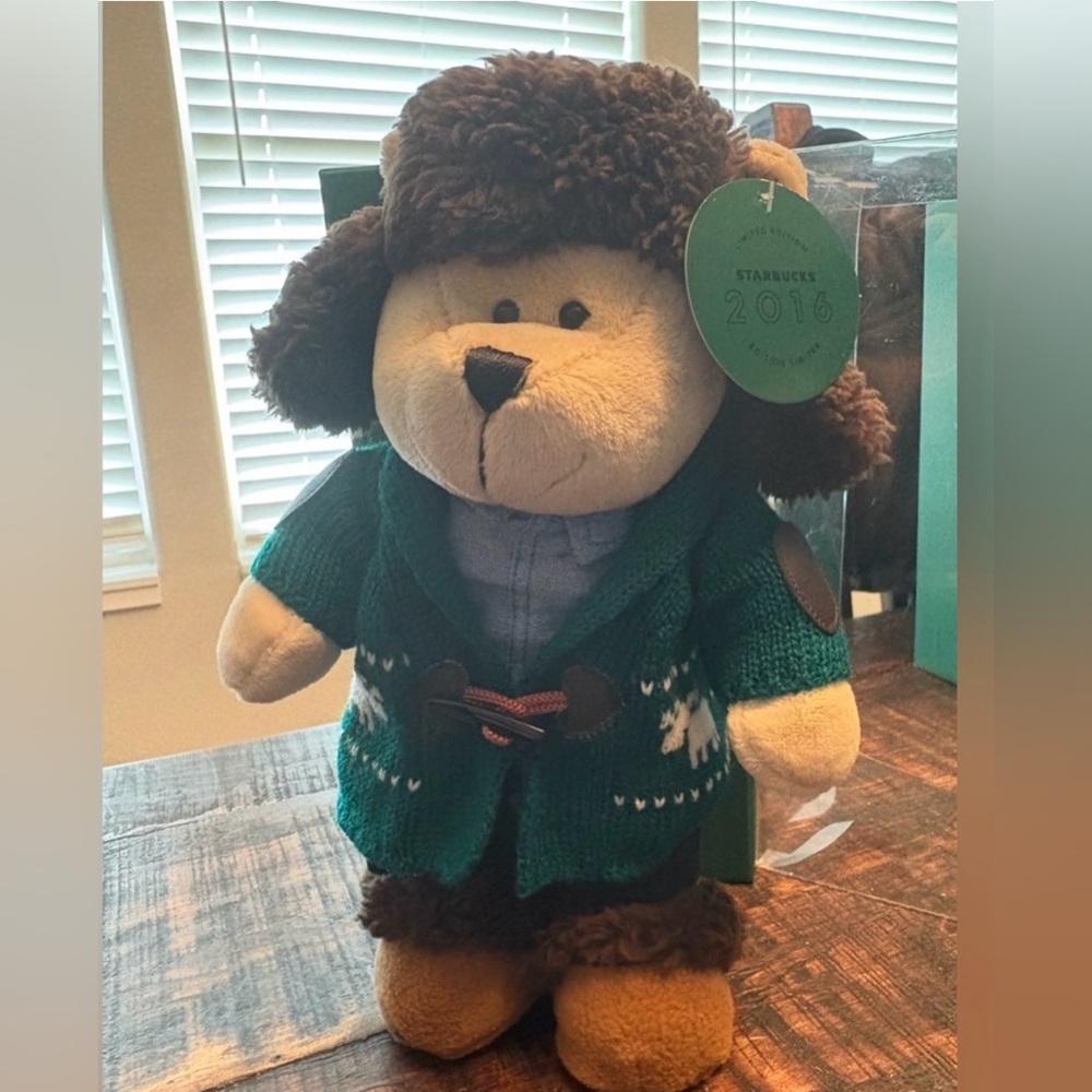 Starbucks Plush Bear with Green Coat and Brown Hat